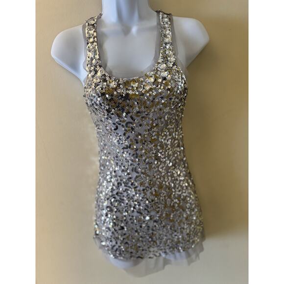 Sequin Mesh Cross Back Sleeveless silver XS Swiftie Reputation Indie Sleaze Y2K - Picture 2 of 11